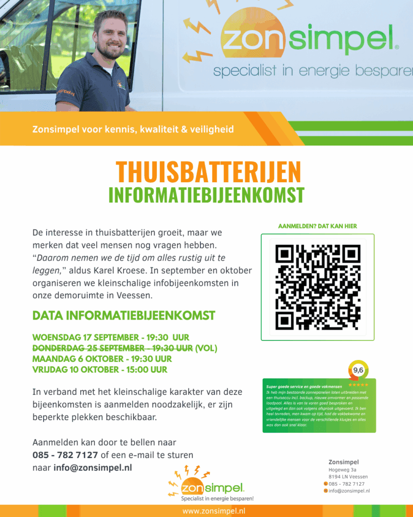 Kom naar een informatiebijeenkomst over thuisbatterijen bij Zonsimpel