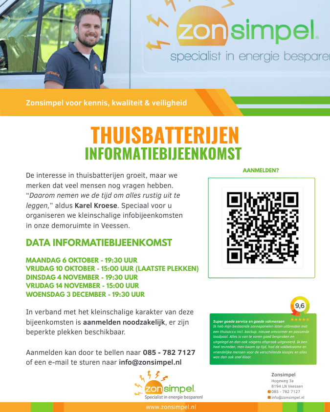 Kom naar een informatiebijeenkomst over thuisbatterijen bij Zonsimpel